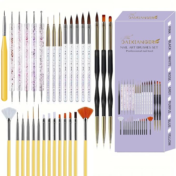 31 Pcs Nail Art Brush Set,Nail Art Brushes,Nail Art Tool Set,Nail Brush Set,Nail Brushes for Nail Art,Drawing Pen for Gel Polish Design Supply-Yellow