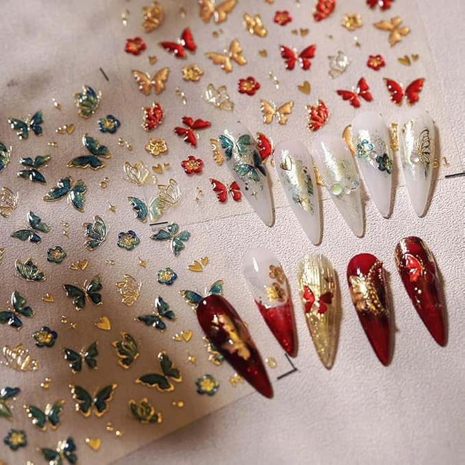 5D Butterfly Nail Art Sticker Decals Crystal Soft Self Adhesive Embossed Spring Nail Stickers Design Gold Red Green Butterfly Nail Decals Supplies Accessories 2 Sheet