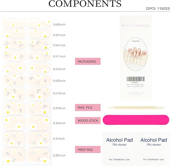 Semi Cured Gel Nail Strips White Flower Gel Nail Stickers with UV/LED Required Long Lasting Gel Nail Stickers for Spring Includes 22 Strips 2 Prep Pads, Nail File & Wooden Stick