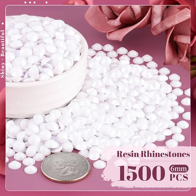 1500PCS 6mm Resin Rhinestones Bulk for Crafting (White), Flatback Bedazzling Crystals for Crafts DIY Nail Decoration, Gems Charms for Tumbler Shoes Clothing Fabric with Pickup Pen and Tweezers