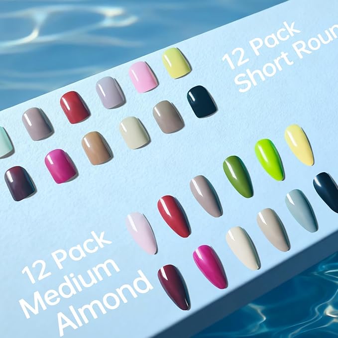 Press On Nails 576Pcs with 12Pack Short Press On Nails Round and 12Pack Glossy Fake Nails Almond, Natural Fit, Both Lengths for Elegant And Daily nails For Women Girls