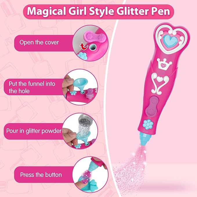 BATTOP Kids Nail Polish Set for Girls, Nail Art Kits with Nail Dryer & Glitter Pen, Quick Dry & Peel Off & Non-Toxic Nail Polish, Christmas Birthday Gifts for Girls Ages 6 7 8 9 10 11 12