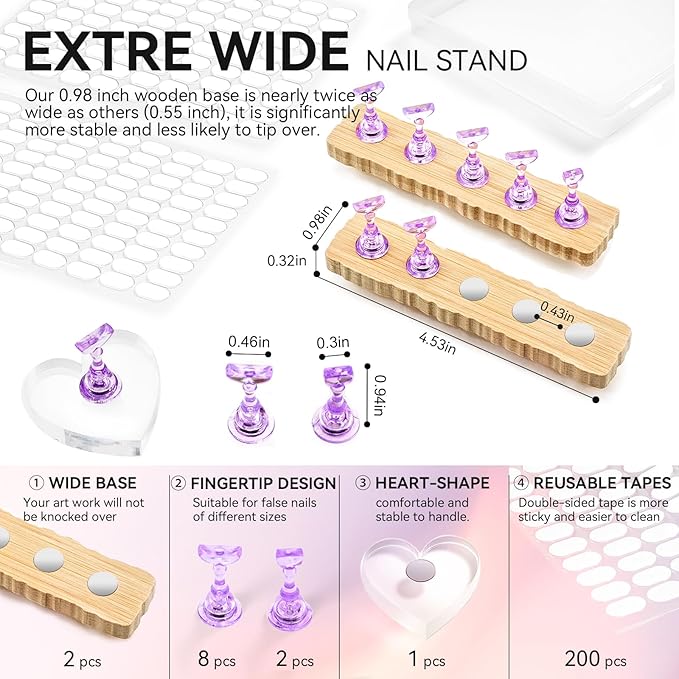 Nail Stand for Press On Art Display Practice 2 Sets, 1 Heart Acrylic Magnetic Nail Stands, Fake Nail Holder Tips, 200 PCS Double-Sided Tape, DIY Kit Home Supplies (Wood And Purple, Medium)