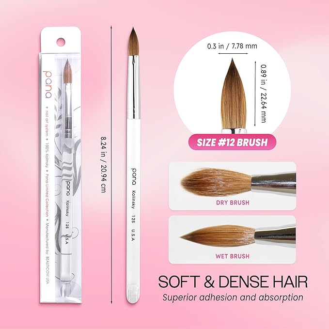 PANA Pure Kolinsky Hair Acrylic Nail Brush - Oval Crimped Shape Silver Ferrule Clear Acrylic Handle (Size 12) - Nail Extension Manicure Pedicure Salon Beginner & Professional