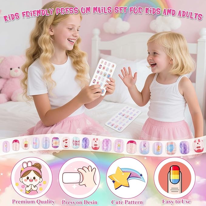 144 Pcs Press on Nails for Girls, Stick On Nails for Kids Short Acrylic Fake Nails Cute Nails Art Stuff for Little Girl 8-10