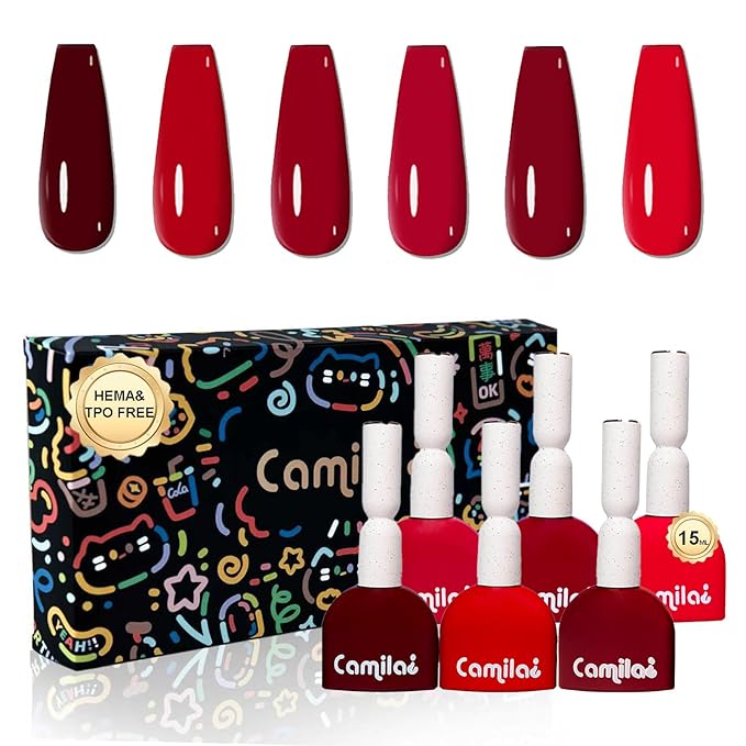 CAMILA ¿ 6pcs 15ml Hema Free Tpo Free Gel Polish Set Deep Cherry Red Color Long Lasting Gel Nail Polish Kit Soak Off Gel Polish Big Bottle Manicure Salon | Crimson color B