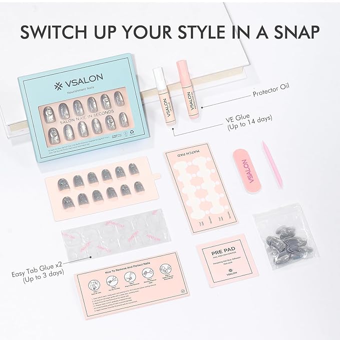 VSALON Press on Nails Short Oval, Silver Gray Cat Eye Star & Moon Chrome Glossy 3D Art Glue On Nails, Opaque Salon Quality Valentine Fake Nails Kit - 32 PCS Nails in 16 Sizes with Glue & Cuticle Oil