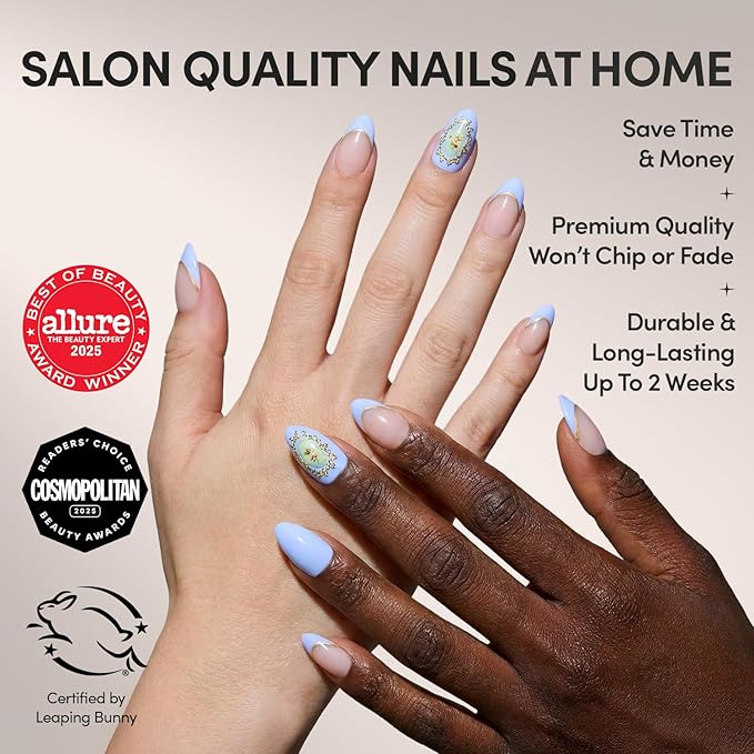 Valentines Day Glamnetic Press On Nails - Angel in Blue | Short Almond Fake Nails in a Soft Powder Blue Hue, Vintage Angel Cherub Graphics, French Tips and 3D | 15 Sizes - 30 Nail Kit with Glue
