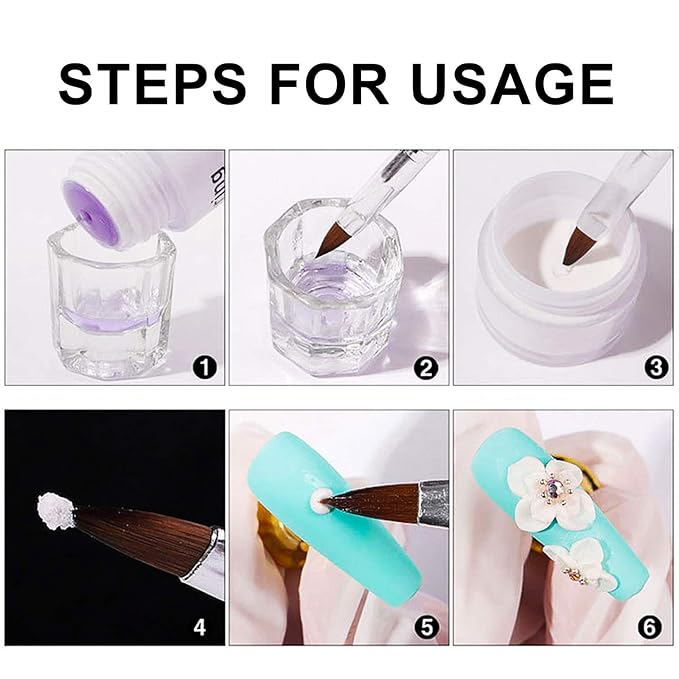 Kalolary 2Pcs Nail Art Dappen Dish with 6Pcs Acrylic Nail Brush Set, Mini Glass Cup with Lid, UV Gel DIY Brush Set, Acrylic Liquid Powder Styling Tool(Black Brush)
