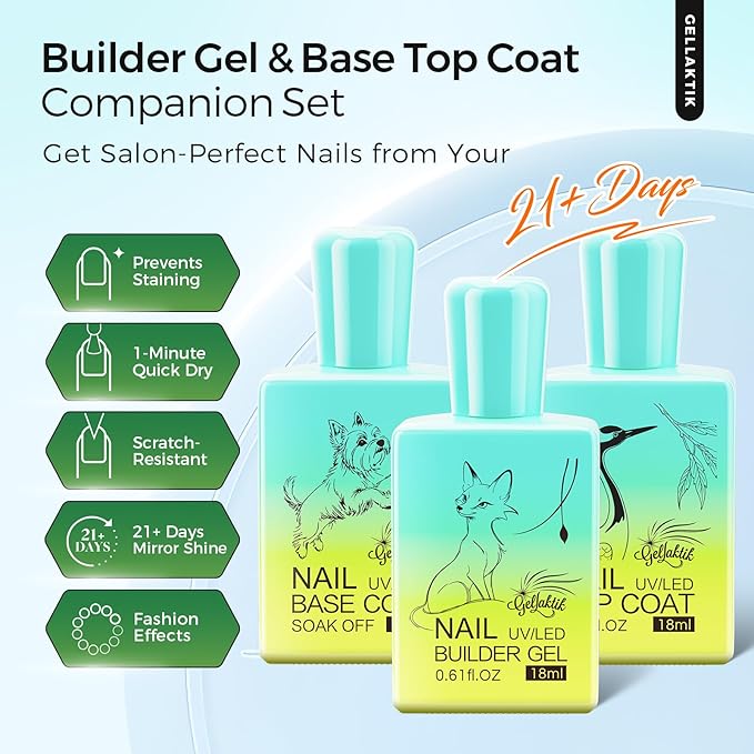 3 Pcs 18ml Gel Base Coat, Builder Gel & No Wipe Top Coat Set - Foundation & Thickening Combination for Long-Lasting Shine, DIY Nail Art, UV/LED Light Cure, Perfect Manicure Gift for Women