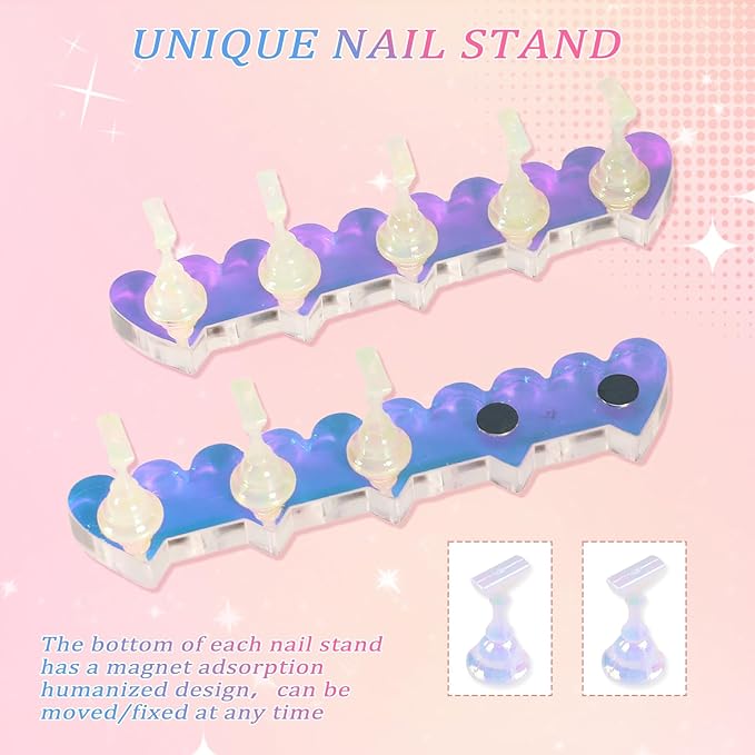ANGNYA 2 Set Heart-shaped Nail Holder for Press On, Aurora Nail Stand with Reusable Adhesive Putty Clay Strong Magnetic Display Art Stand