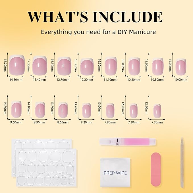French Tip Press On Nails - Short Square Press on Nails Pink White Tips Nails Press Ons for Women Fake Nails with Glue, Glossy Reusable Glue on Nail in 15 Sizes - 30pcs, Dusty Lavender