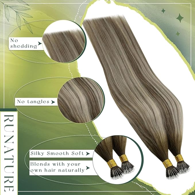 RUNATURE 24 Inch Nano Bead Hair Extensions Human Hair Balayage Brown to Blonde Nano Ring Hair Extensions Remy Hair Cold Fusion Straight 50g 50s