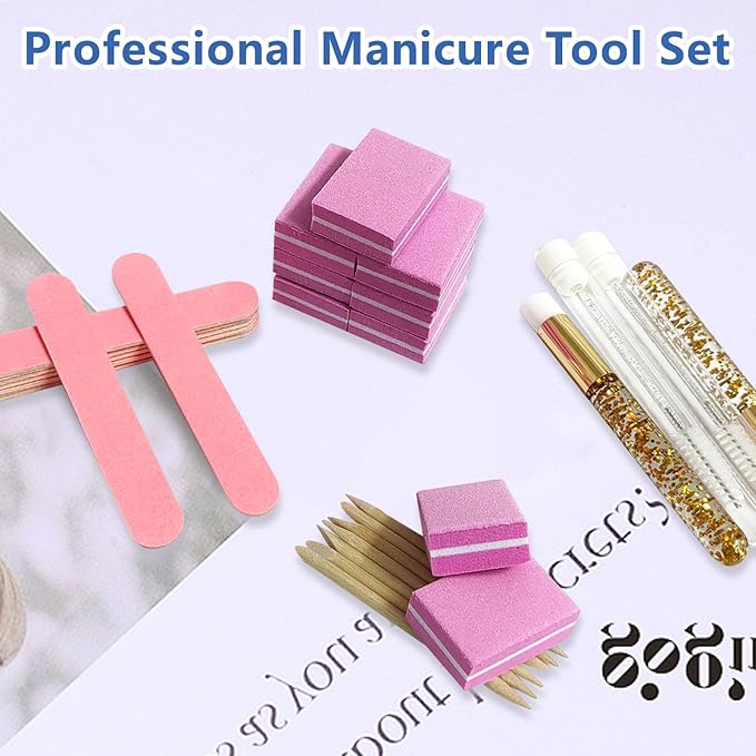 Disposable Manicure kit Individually Package, Mini Nail Buffer, Nail File, Wood Stick, Press on Nail Tool Kit for Salon Home (Pink, Count, 40, 80/100 Grit)