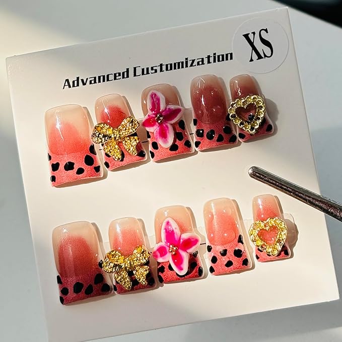 10pcs Handmade Press on Nails for Women - Medium Duck Curve 3D Thick Acrylic Fake Nails Reusable,Designer Floral Butterfly Rhinestones Bling Boho Funky Y2k Nail-art Set,M,pink leopard