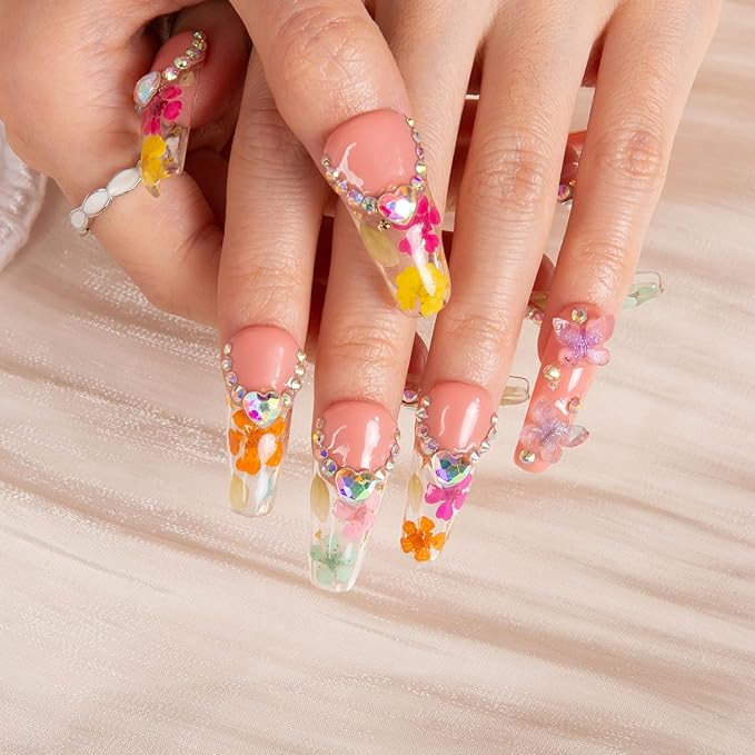 LOVFUL Press on Nails Flora | Handmade with Full Covered Crystals | Reusable Full Cover Nails | Coffin Classic Regular 1.3 in | H176-S