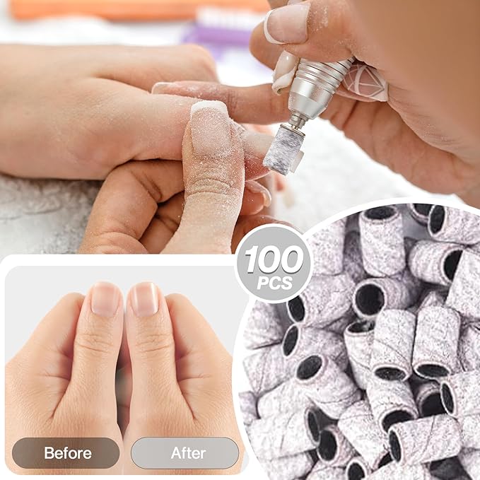 MelodySusie 100 Pcs Nail Drill Bits Sanding Bands for Nail Drill 150 Medium Grit Nail File Sanding Bands for Acrylic Nails Gel Manicures and Pedicure