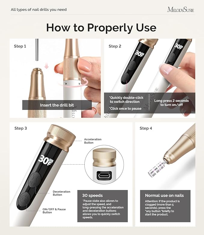 MelodySusie Pen-Shaped Stepless Speed Adjustment Cordless Nail Drill, SM180F 30000RPM Portable Rechargeable E-File with LED Display for All Manicure Shaping & Acrylic Gel Removal for Pro at Home