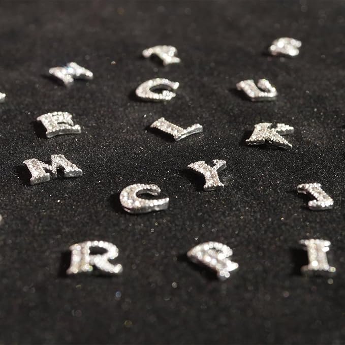 52 Pcs 3D Silver Nail Charms Letters Initial Charms for Nails Nail Letter Charms Alphabet Rhinestone Letter Nail Charms for Nail Art Design Decoration DIY Craft