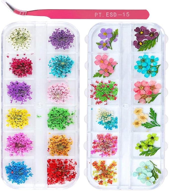2 Boxes Nail Art Dried Flowers,UNIME 24 Colors Mini Real Natural Flowers Nail Art Supplies 3D Applique Nail Decoration Sticker for Tips Manicure Decor Accessories,Gypsophila