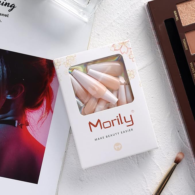 Morily 24pcs Fake Nails Nude White Ombre Ballerina Long Coffin Glossy Press on Nail False Tips Artificial Finger Manicure for Women