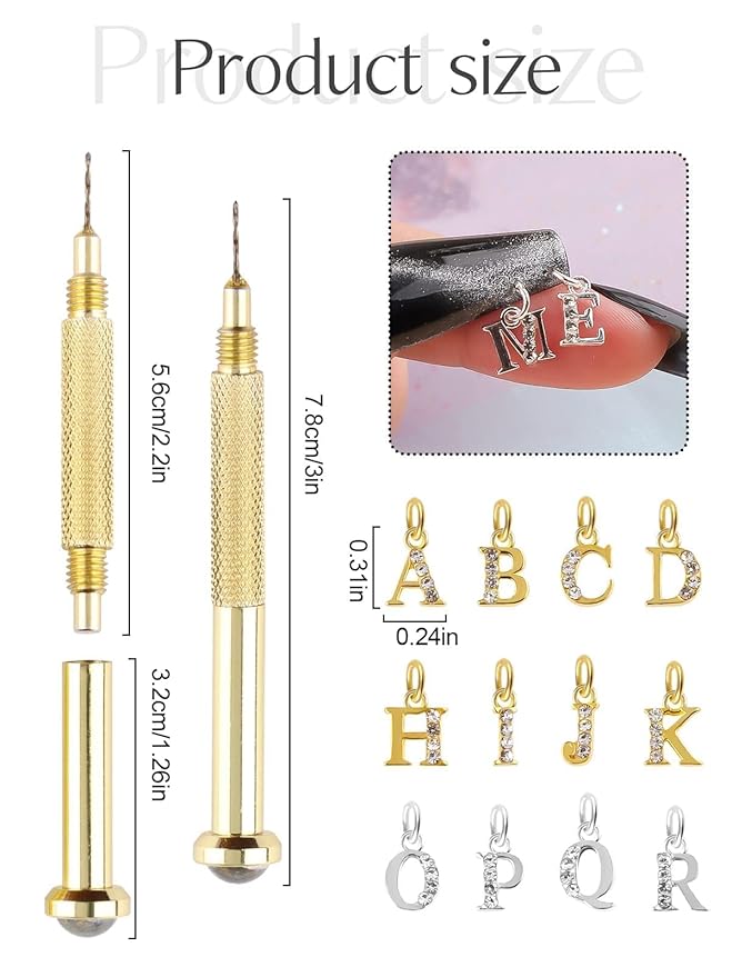 Kalolary Letter Dangle Nail Charm for Valentine's Day, 3D Piercing Alphabet Rhinestone Alloy Jewelry Hoops with Nail Piercing Tool Hand Drill for Birthday Nail Art Decoration