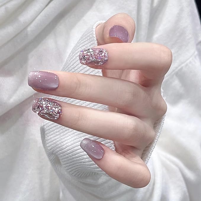 Press on Nails Short Light Purple Cat Eye Stone Gradient Glossy Fake Nails, Sparkling Glitter and Rhinestone Accents, False Nail Tips for Women and Girls, 30Pcs with Glue & Tool Kit