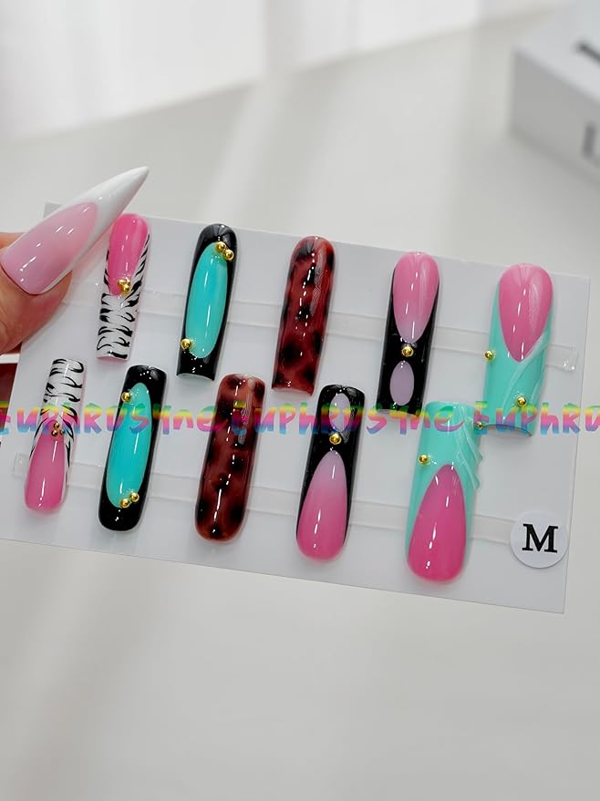 10PCS Multicolor Press On Nails – Long Coffin Fake Nails with Zebra Print, Leopard Pattern, Abstract Swirls & Stud Accents, Glossy Reusable Y2K Nails for Women and Girls – Euphrosyne