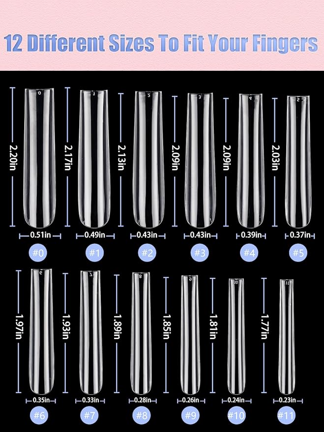 Quaferen 504Pcs Clear Square Nail Tips for Acrylic Nails Professional, XXXL Extra Long Tapered Square Straight Acrylic Nail Tips, Full Cover No Crease Nail Extension False Nails for DIY Nail Art