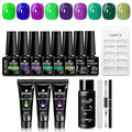 MTSSII 15Pcs Gel Nail Polish Set 6 Colors Gel Polish + 3Pcs Poly Gel Set Blue Purple Green Poly Nail Gel Set with Base Top Coat, Dual-Ended Brush Nail Art Salon DIY at Home