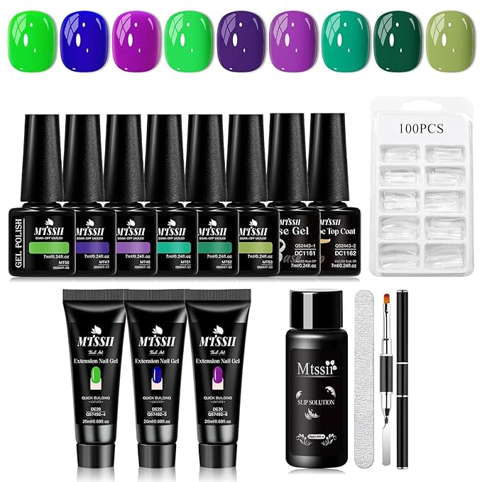 MTSSII 15Pcs Gel Nail Polish Set 6 Colors Gel Polish + 3Pcs Poly Gel Set Blue Purple Green Poly Nail Gel Set with Base Top Coat, Dual-Ended Brush Nail Art Salon DIY at Home