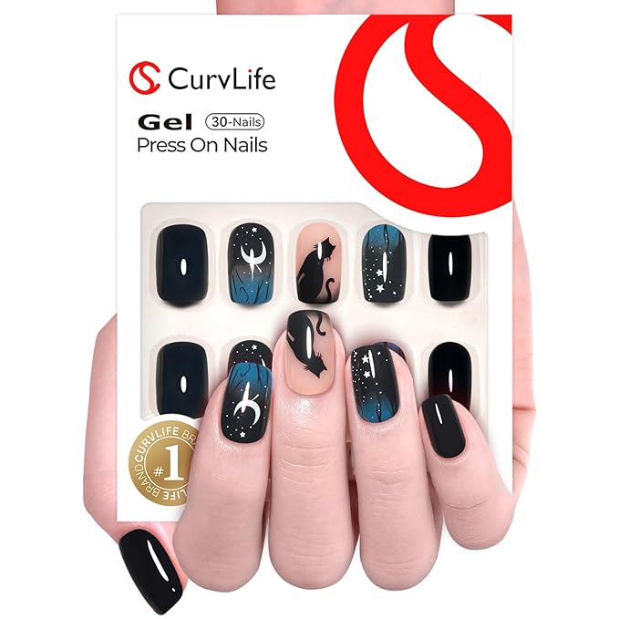Curvlife Press on Nails Acrylic Fake Nails with Night Medium Square Design Full Cover False Nails for Women Reusable Nail Kit with Nail Glue Adhesive Tabs