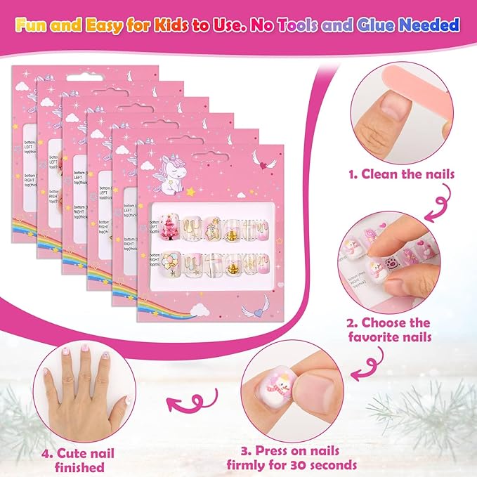 Fake Nails Set for Kids 144Pcs, Shynek 6 Pack Press on Nails Mini False Nails Girls Manicure Set for Children Toddlers, Cute Stuff for Girls Gift