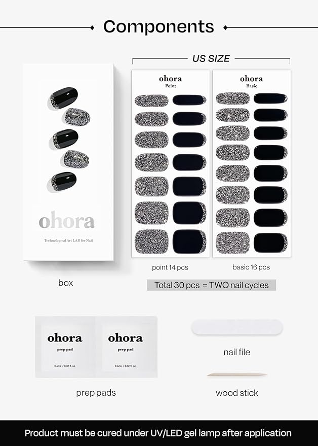 ohora Semi Cured Gel Nail Strips (N Party Night) - Dark, Glitter, Works with Any UV/LED Lamps, Salon-Quality, Long Lasting, Easy to Apply & Remove - Includes 2 Prep Pads, Nail File & Wooden Stick