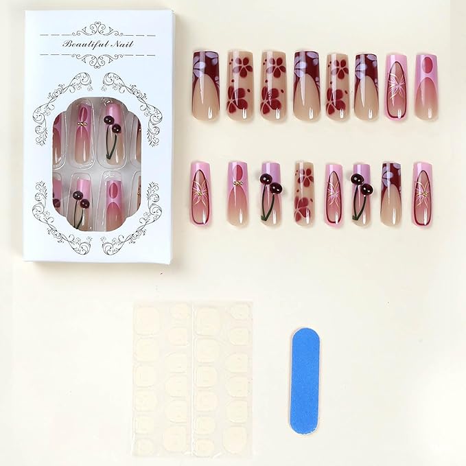 24Pcs Long Square Press on Nails - Pink French Tip with Handmade Cherry & Floral Designs, Full Cover Acrylic Fake Nails for Women, DIY Manicure