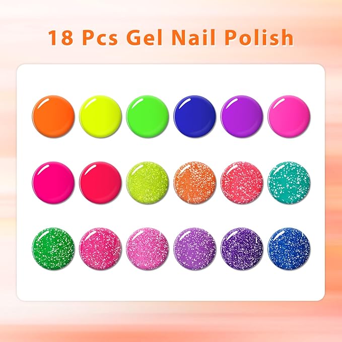 MEET ACROSS 18 Colors Gel Nail Polish Set Neon Gel Polish + Reflective Glitter Neon Gel Nail Polish Hot Pink Purple Green Soak Off UV/LED Nail Polish Kit for Party Nails