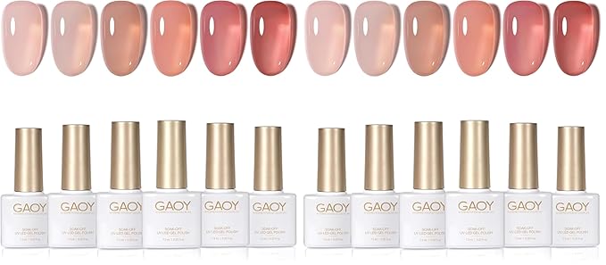 GAOY Jelly Nude Gel Nail Polish Set, 6 Transparent Colors Sheer Red Pink Brown Soak Off UV Light Cure Gel Polish Kit for Salon and Nail Art DIY at Home (Pack of 2)