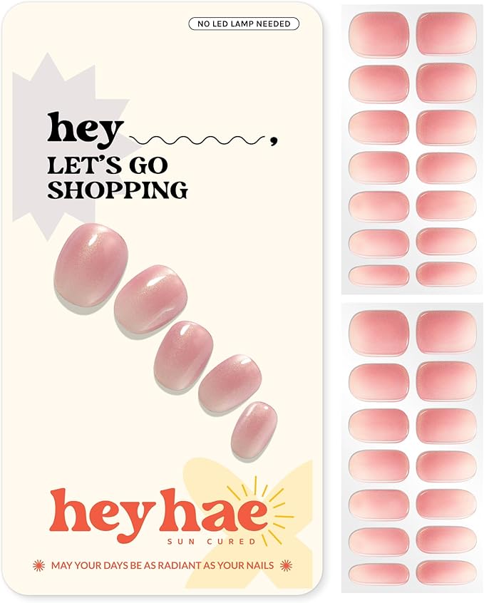 Heyhae Semi Cured Gel Nail Strips | No LED Lamp Needed | Glitter, Pink, Spring | Easy Apply & Remove, Salon Quality | Includes 28 Strips, 1 Prep Pads, Nail File & Wooden stick - Hey, Let's Go Shopping