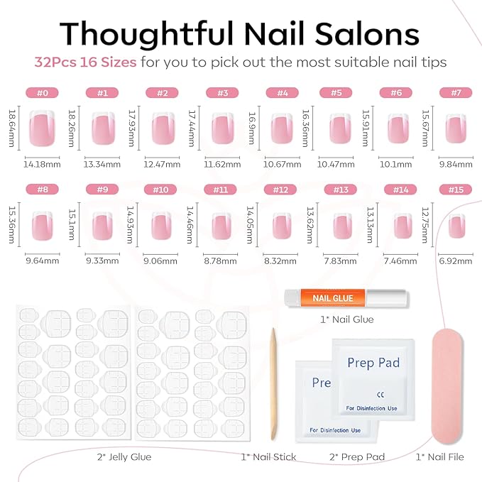 Modelones French Tip Press on Nails Short, Spring Square Fake Nails, Reusable Nail Kit with Nail Glue Adhesive Tabs Mini Nail File, Nails Press Ons 32Pcs 16Sizes, Women Girl Gift, Chrome French