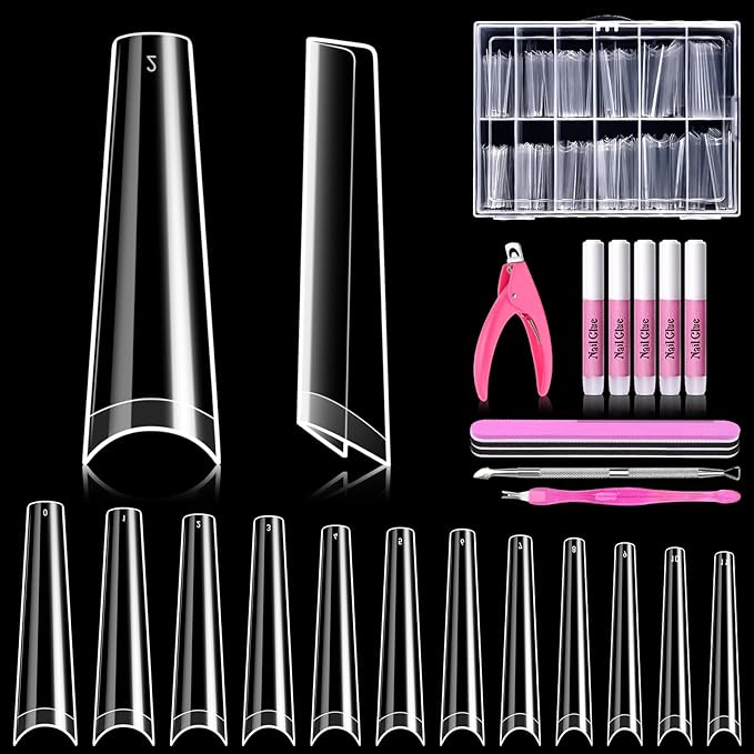 MORGLES 240 Pcs Half Cover Coffin Nail Tips Clear Acrylic Extra Long False Nail Tips with Glue, Clipper, Files and Cuticle Fork for Salons and Home DIY