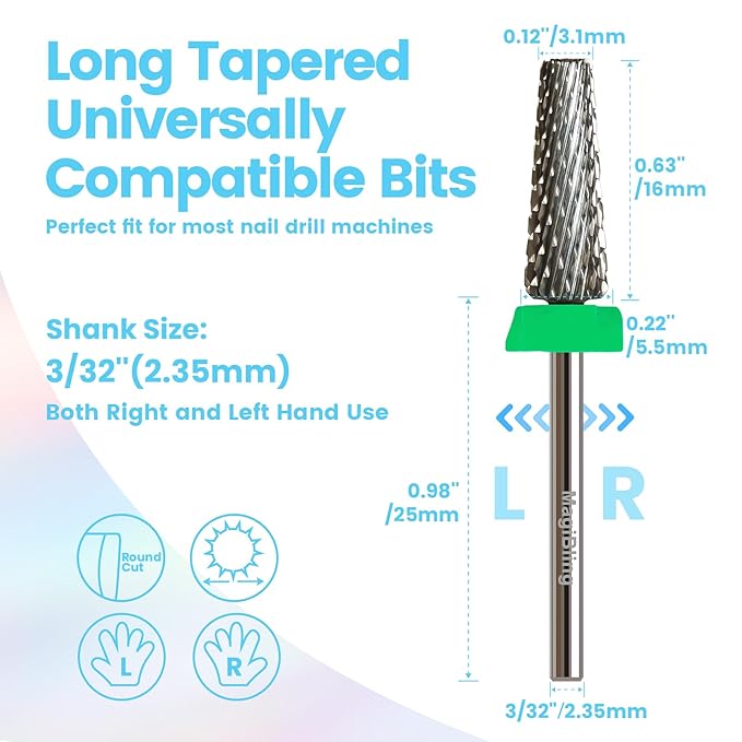 16mm 5 in 1 Tapered Barrel Nail Drill Bits, 3/32'' Safety Tungsten Carbide Bits, Right & Left Rotation, Manicure Cuticle Gel Acrylic Removal Polishing, Technicians Bits, Coarse