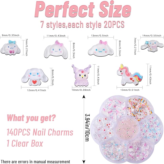 140 Pcs Nail Charms,7 Styles Kawaii 3D Flatback Cartoon White Series Charms for Nail Acrylic Slime Resin Charm for Cute DIY Nail Art Decorations Supplies,Hair Clips and Phone Cases Etc