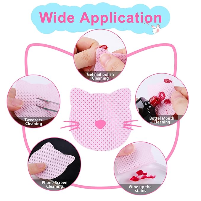 MEKK Lint Free Nail Wipes with Acetone Dispenser Set 400PCS Cat-Shaped Lint Free Wipes with 200ml Anti-Corrosion Empty Push Down Pump Dispenser Bottle for Acetone,Alcohol,Nail Polish Remover,ect