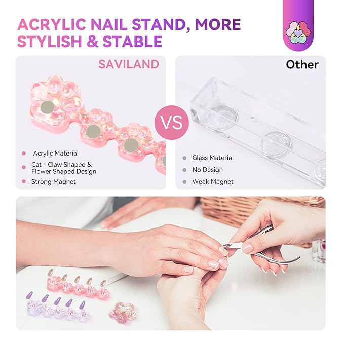 SAVILAND Nail Stand for Press Ons :10 Pcs Strong Adhesive Cat Claw-Shaped Nail Holder for Painting Nails Super Magnet Nail Stand & 1 Pcs Flower-Shaped with 40 Pcs Reusable Putty for Nail Practice Salon