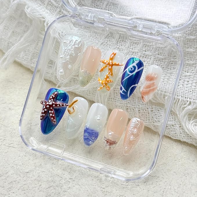 Medium Almond Thick Press on Nails Handmade Nails with Glue,Reusable Ocean Nails Sea Star Conch Designs Fake Nails Nude Pink Acrylic Nails Nature Stick on Nail False Nails for Wome (Size M)