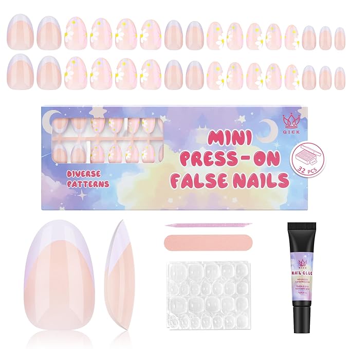16 Sizes Press on Nails Kit for Kids - 32 Pieces French Almond Fake Nail Tips for Girls 8-12 Years Old with Jelly Nail Adhesives & No-Lamp Nail Glue, Birthday Christmas Gift