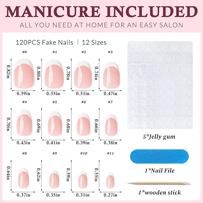 120PC White French Tip Press on Nails Short Fake Nails Press ons with 5*Adhesive Tabs, Pink Almond Acrylic Nail Press on Nail French Tip Nails False Artificial Fingernails Stick on Nails-I