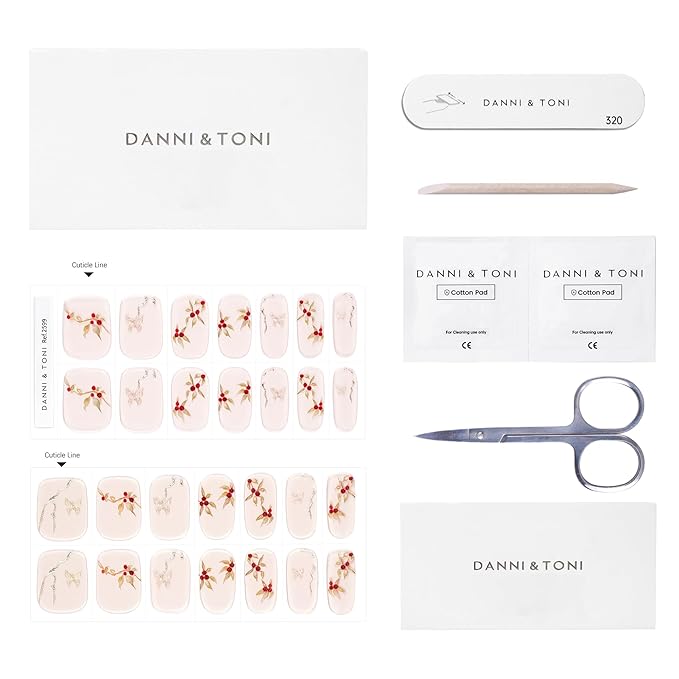 DANNI & TONI Semi Cured Gel Nail Strips Flower Rose Hip Gel Nail Wraps Golden Butterfly UV Led Nails 28 Stickers Gift for Women | Blossom