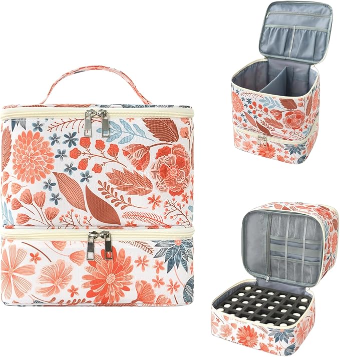 Nail Polish Organizer Aesthetic Nail Organizers and Storage, Bow Nail Supplies Kit Organizer Travel Carrying Case for Manicure Tools (Floral I, 2 Layer)