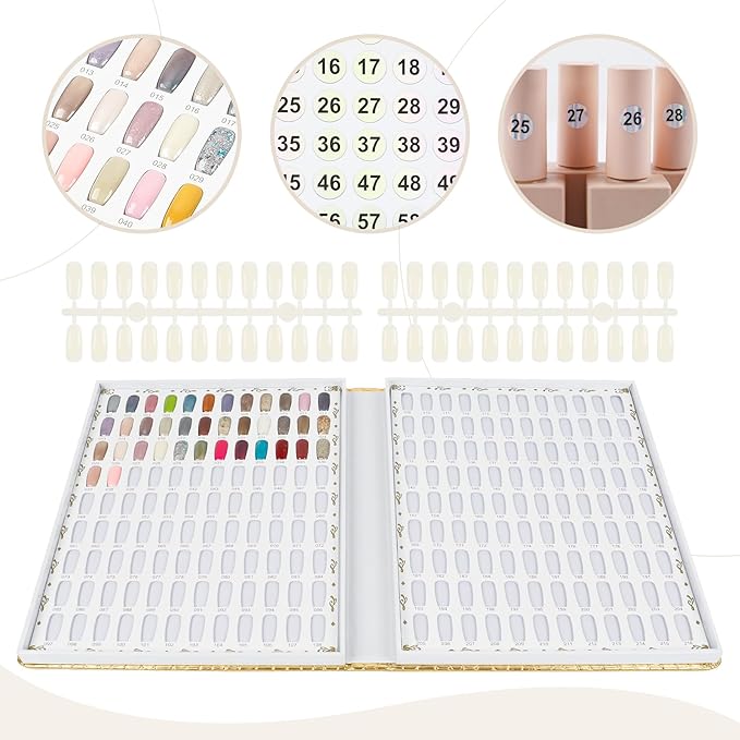 216 Colors Nail Display Chart, Nail Gel Polish Organizer Color Card with 240 False Nail Tips, Nail Color Display Book Chart Salon Nail Supplies Sample Chart Tool Set Nail Swatch (Gold, 1 Pack)